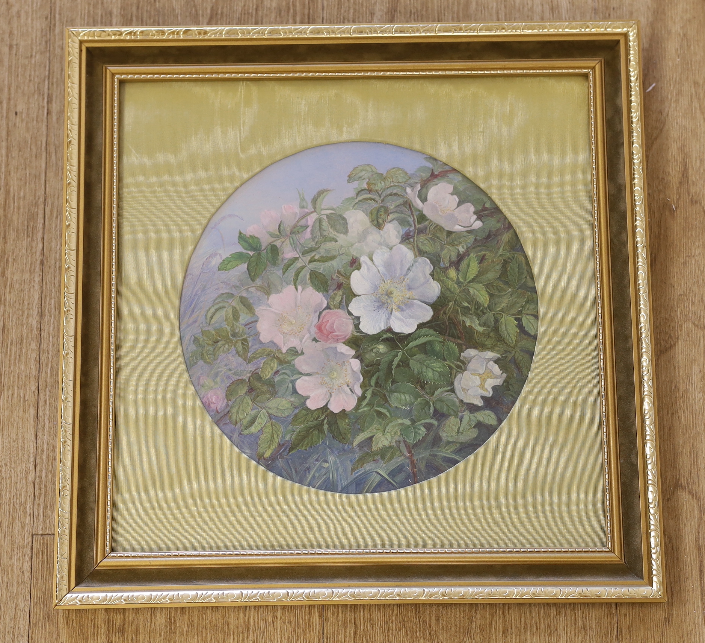 Late 19th century English School, oil, 'Briar Roses', label verso, 28cm diameter